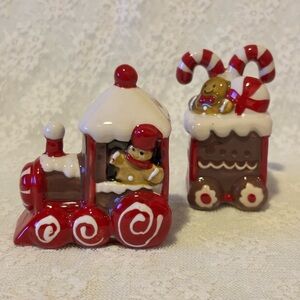 Festive Blue Sky Ceramic Gingerbread Train Salt and Pepper Shakers.